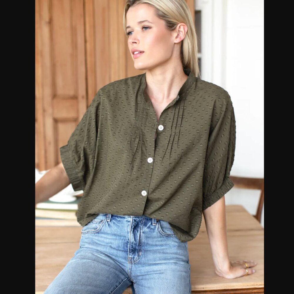 Emerson Fry Mandarin Collar Top in Swiss Dot in Moss | OS